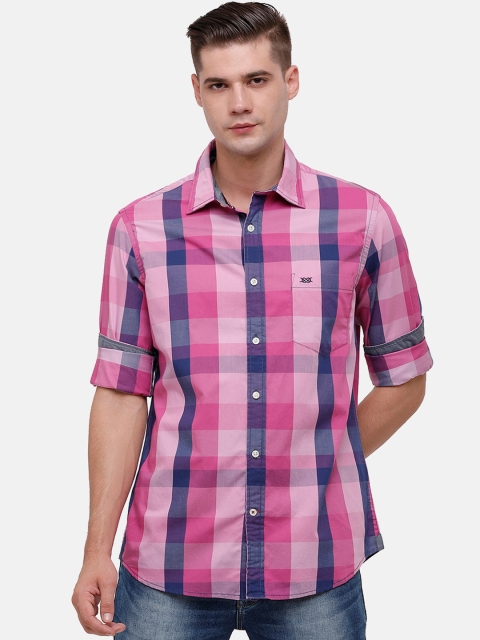 

Double Two Men Pink and Navy Blue Slim Fit Buffalo Checks Checked Casual Shirt
