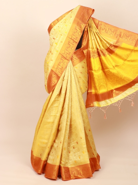 

Pothys Yellow & Gold-Toned Ethnic Motifs Zari Art Silk Banarasi Saree