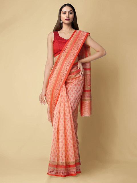 

Unnati Silks Red & Off White Ethnic Motifs Saree