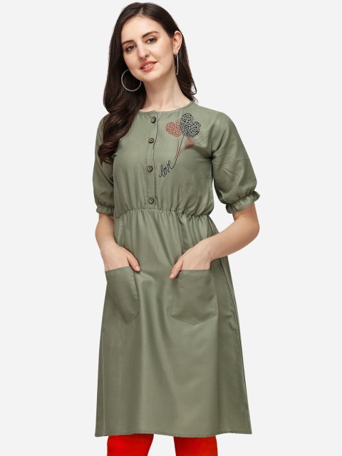 

OM SAI LATEST CREATION Women Green Keyhole Neck Thread Work Kurta