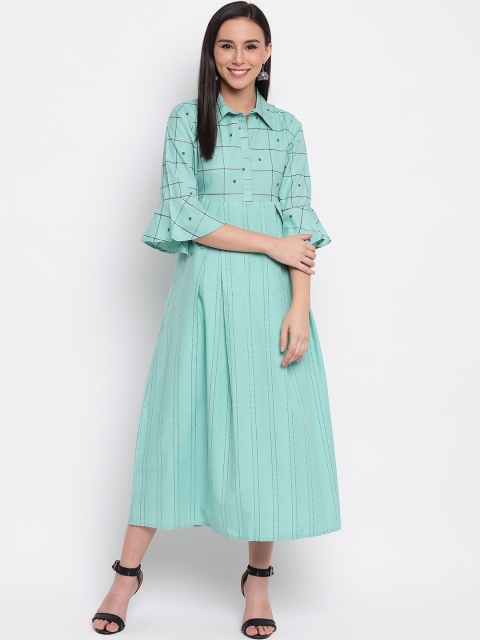 

Shakumbhari Turquoise Blue Checked Shirt Midi Dress