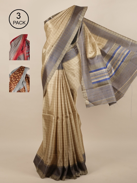 Pothys Pack of 3 Jute Silk Saree, Tan