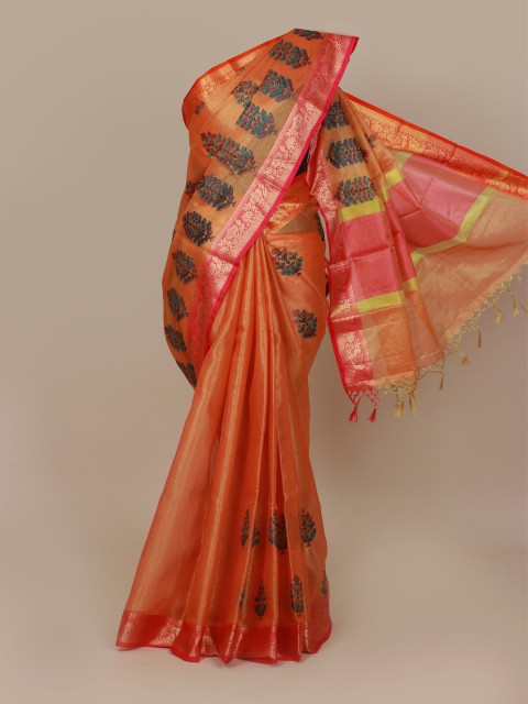 

Pothys Orange & Green Ethnic Motifs Art Silk Banarasi Saree