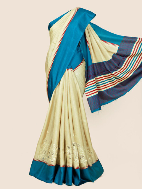 

Pothys Cream-Coloured & Blue Schiffli Linen Blend Saree