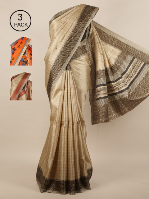 

Pothys Pack Of 3 Gold-Toned & Orange Floral Jute Silk Saree