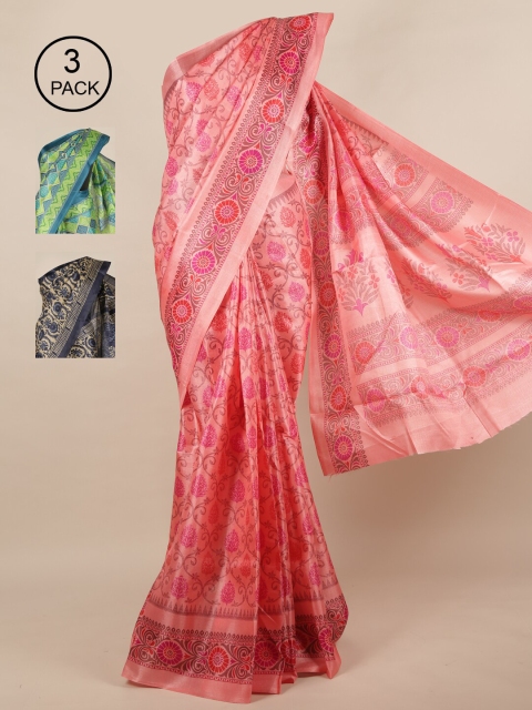 

Pothys Pink & Green Pack of 3 Ethnic Motifs Jute Silk Saree