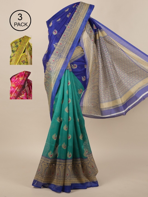 

Pothys Pack of 3 Jute Silk Printed Sarees, Blue