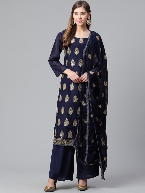 

Ishin Women Navy Blue Ethnic Motifs Printed Thread Work Chanderi Silk Kurta with Palazzos & With Dupatta