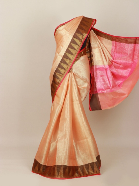 

Pothys Peach-Coloured & Olive Green Ethnic Motifs Art Silk Banarasi Saree