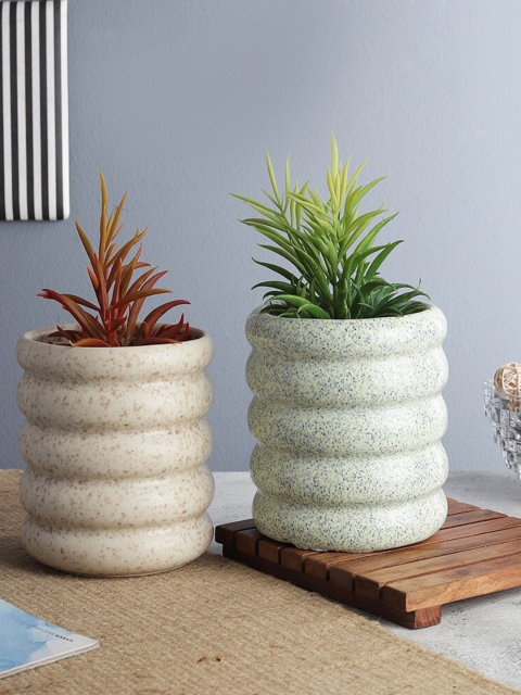 

The Decor Mart Set Of 2 Spotted Ring Handcrafted Ceramic Planters, Cream