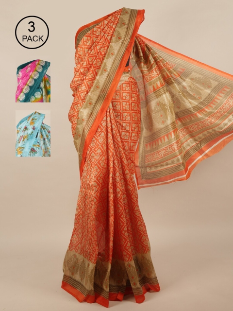 

Pothys Pack of 3 Jute Silk Printed Sarees, Orange