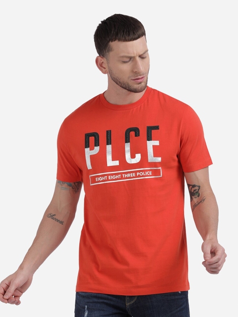 

883 Police Men Orange Typography Printed Applique Cotton T-shirt