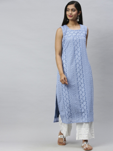 

Soch Women Blue Geometric Printed Chikankari Georgette Anarkali Kurta