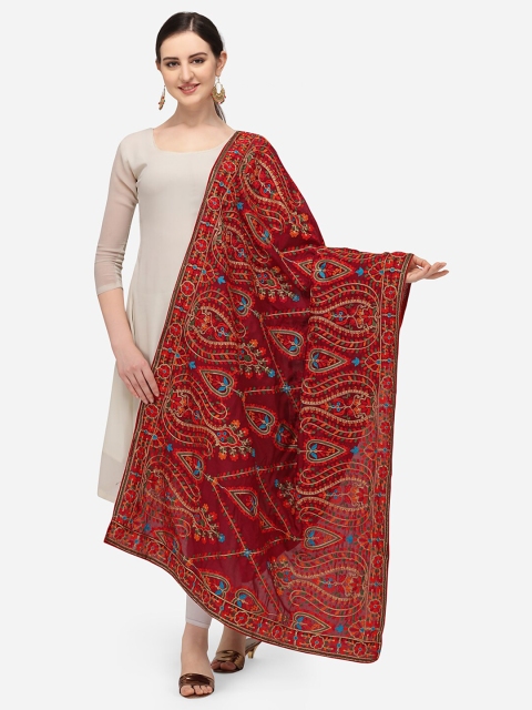 

VASTRANAND Maroon & Blue Ethnic Motifs Embroidered Dupatta with Thread Work