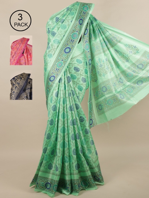 

Pothys Green & Pink Pack Of 3 Ethnic Motifs Jute Silk Saree