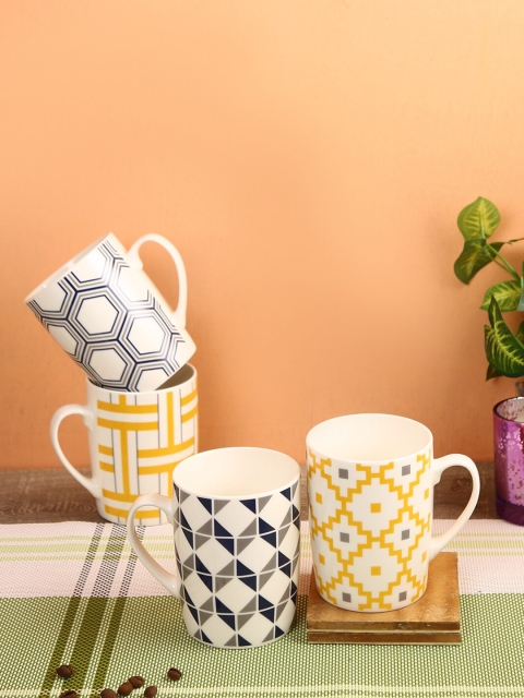 

House Of Accessories Set Of 4 White & Black Geometric Printed Ceramic Glossy Mugs