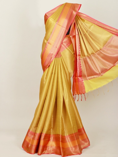 

Pothys Mustard & Pink Woven Design Zari Art Silk Banarasi Saree