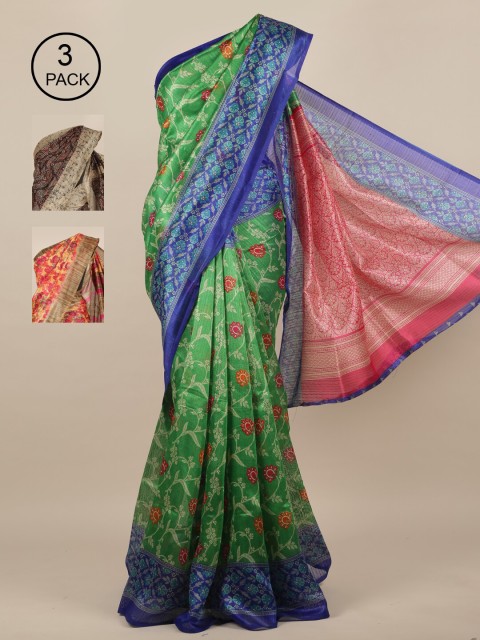 

Pothys Green & Blue Pack of 3 Floral Jute Silk Saree