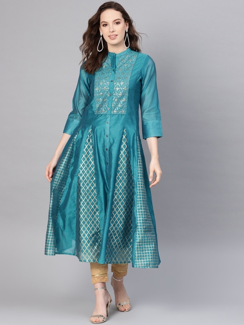 

Juniper Women Teal Ethnic Motifs Chanderi Silk Chanderi Silk Anarkali Kurta