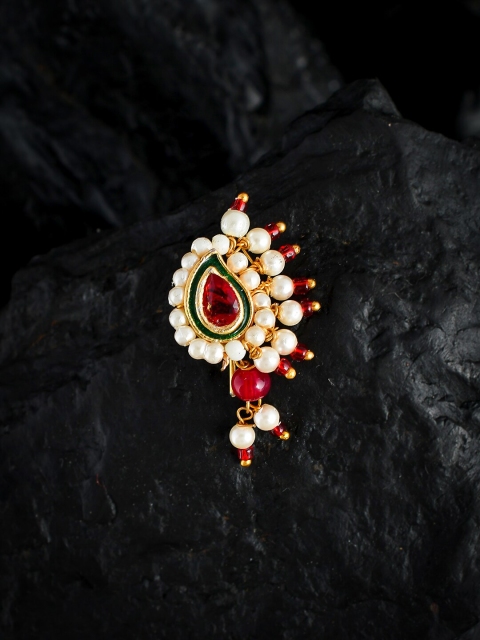 

Silvermerc Designs Gold-Plated Red & White Stone-Studded & Pearls-Beaded Nose Ring