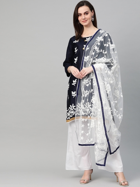 

Ishin Women Navy Blue Floral Embroidered Kurta with Palazzos & With Dupatta
