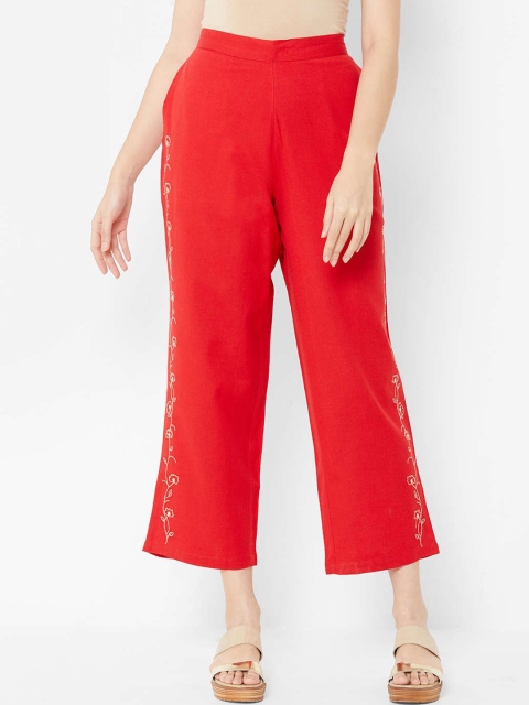 

ZOLA Women Red Floral Embroidered Cotton Parallel Trousers
