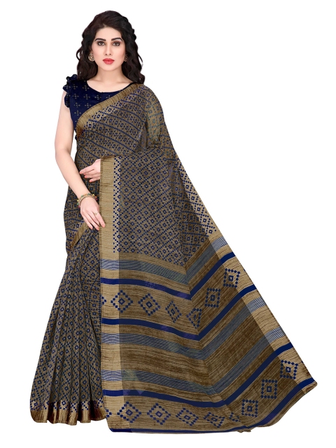 

KALINI Beige & Navy Blue Ethnic Motifs Poly Cotton Saree