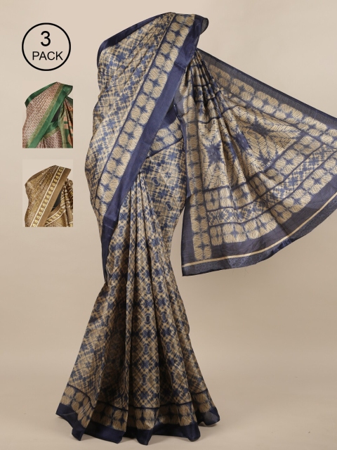 

Pothys Pack Of 3 Tan Brown & Blue Jute Silk Saree