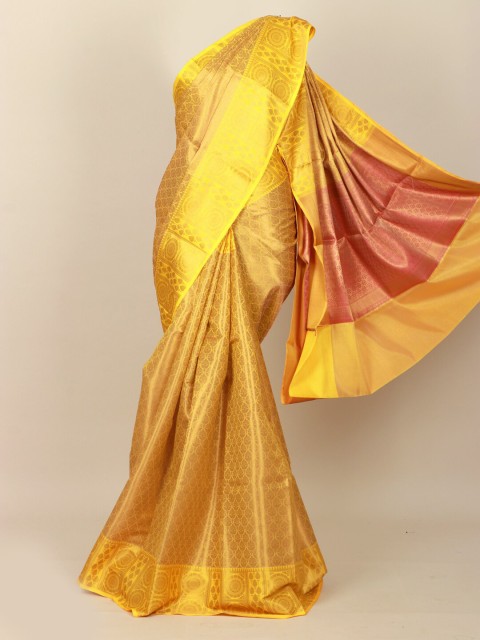 

Pothys Yellow & Golden Ethnic Motifs Art Silk Banarasi Saree
