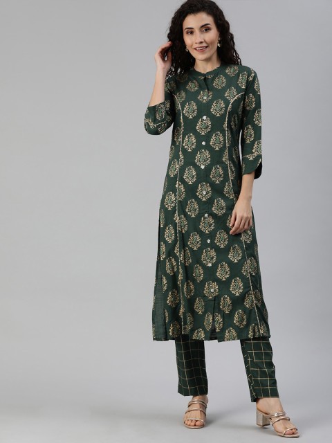 

Ishin Women Green Ethnic Motifs Printed Pure Cotton Kurta with Trousers