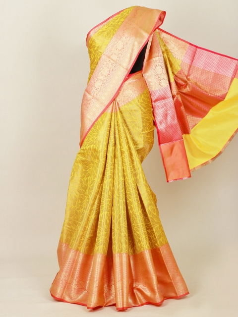 

Pothys Yellow & Pink Floral Art Silk Banarasi Saree