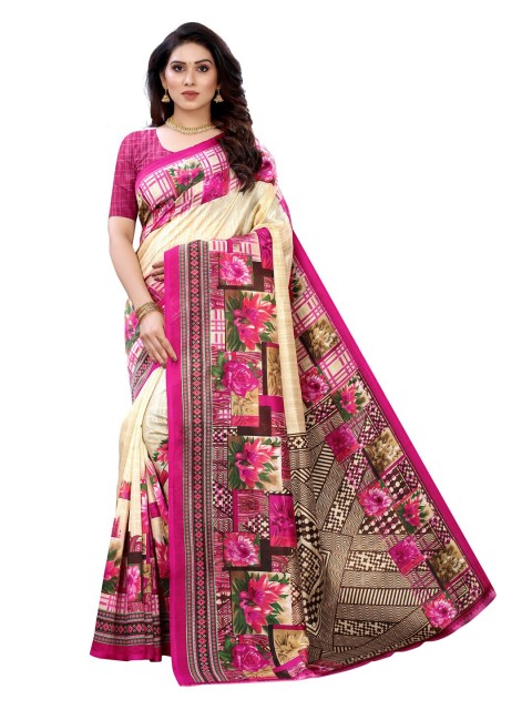 

KALINI Cream-Coloured & Pink Floral Printed Saree