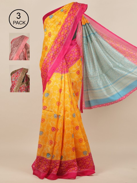 

Pothys Yellow & Brown Ethnic Motifs Jute Pack of 3 Silk Saree