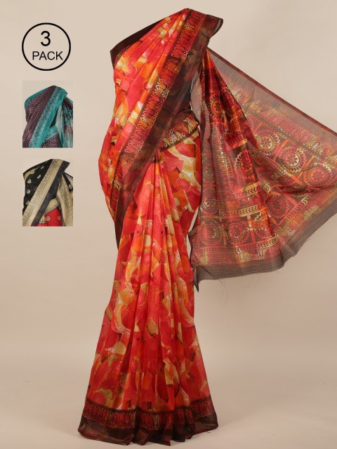 

Pothys Pack of 3 Jute Silk Printed Sarees, Brown