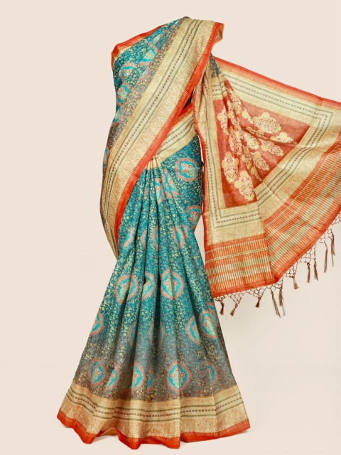 

Pothys Green & Cream-Coloured Floral Linen Blend Saree