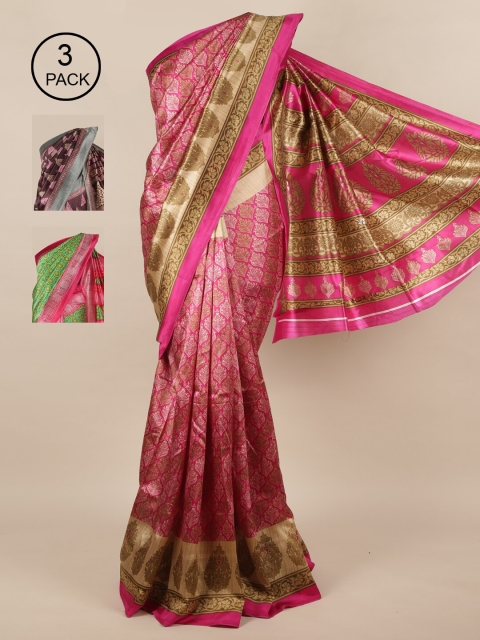 

Pothys Pack of 3 Jute Silk Printed Sarees, Magenta