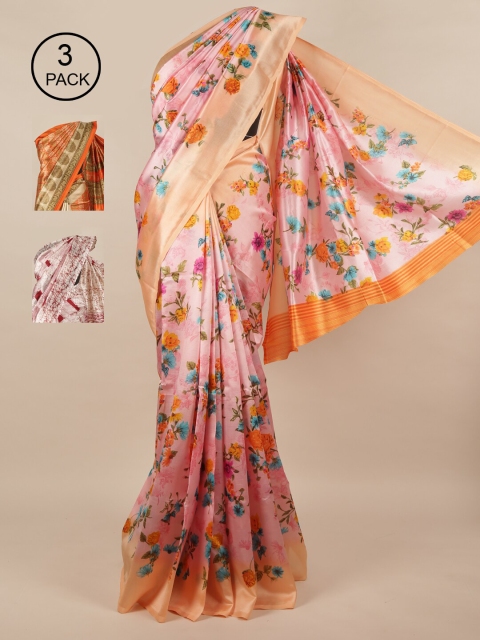 

Pothys Pack of 3 Jute Silk Printed Sarees, Pink