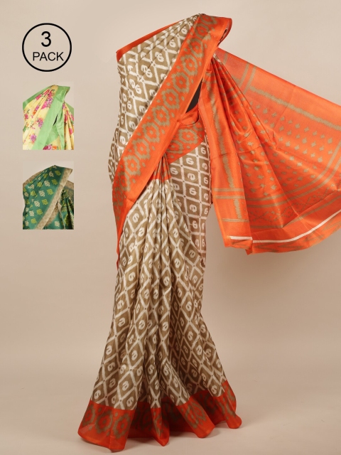 

Pothys Tan & Yellow Pack Of 3 Printed Jute Silk Saree