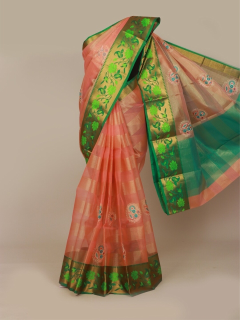 

Pothys Peach-Coloured & Gold-Toned Ethnic Motifs Tissue Banarasi Saree