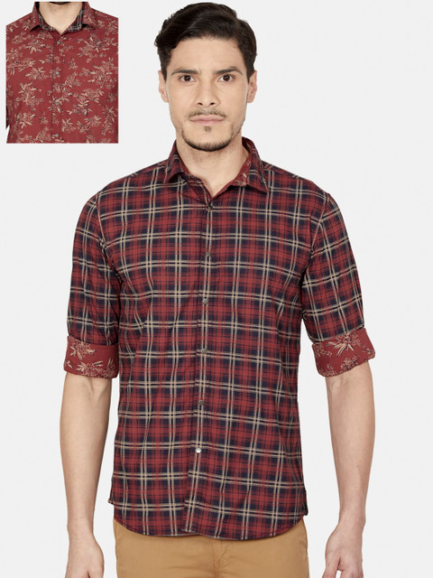 

Oxemberg Men Rust Red Slim Fit Tartan Checks Reversible Cotton Casual Shirt