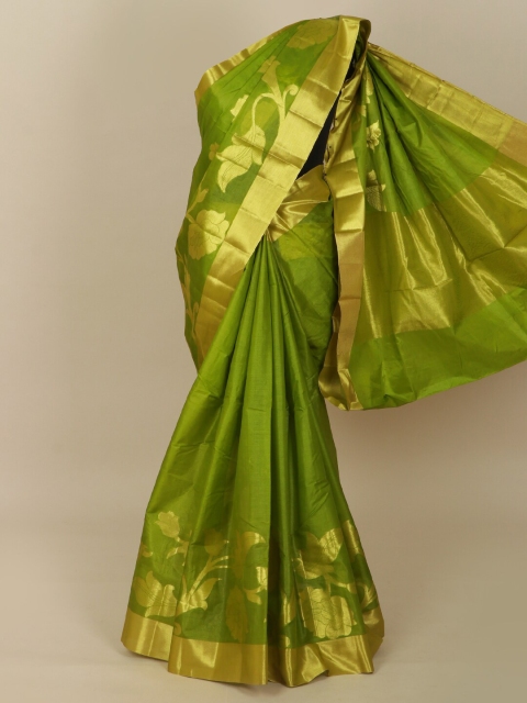 

Pothys Green & Gold-Toned Floral Zari Pure Silk Tussar Saree