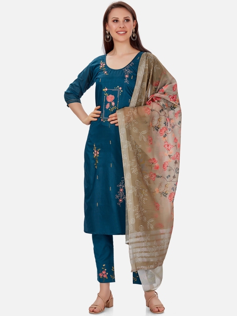 

Kiana Women Blue Floral Embroidered Chanderi Silk Kurta with Trousers & With Dupatta