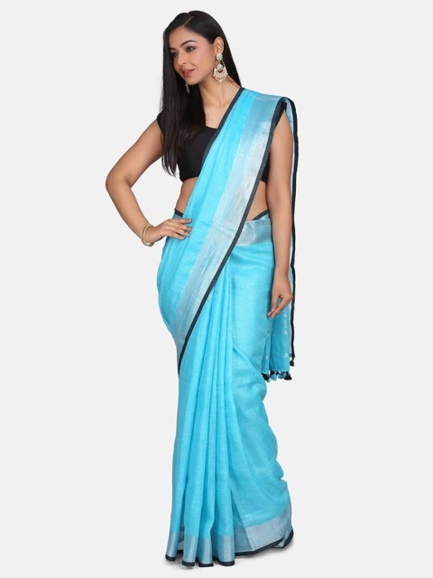 

Mirraw Blue & Silver-Toned Zari Linen Blend Saree