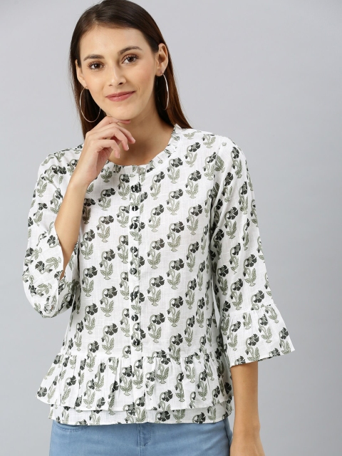 

Shakumbhari Women White & Grey Bell Sleeve Regular Top