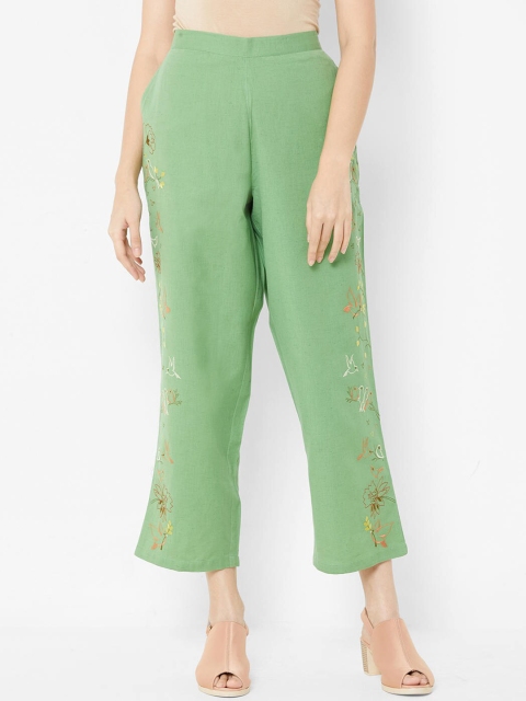

ZOLA Women Green Textured Embroidered Trousers