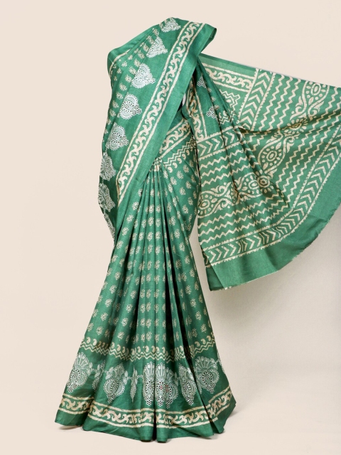 

Pothys Green & Off White Ethnic Motifs Linen Blend Saree
