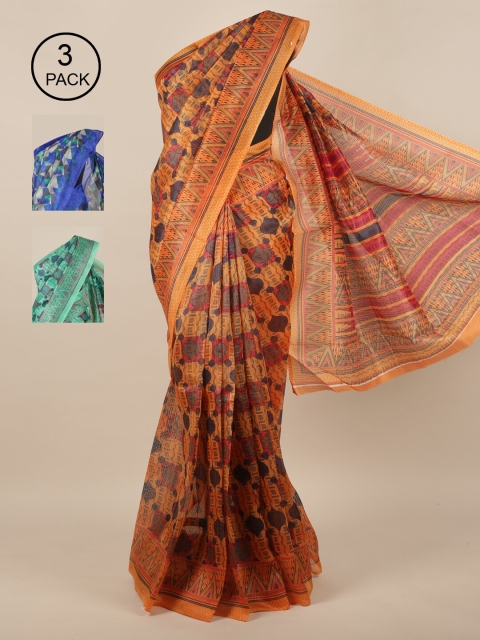 

Pothys Pack of 3 Jute Silk Printed Sarees, Blue
