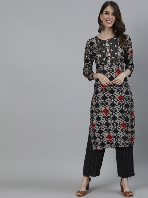 

Ishin Women Grey Ethnic Motifs Embroidered Pure Silk Kurta with Trousers