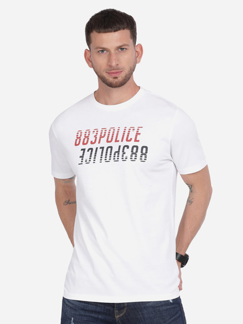 

883 Police Men White Typography Cotton Printed T-shirt