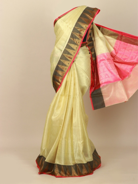 

Pothys Cream-Coloured & Gold-Toned Woven Design Zari Art Silk Banarasi Saree
